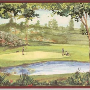 May include: A watercolor painting of a golf course scene. The image features a green golf course with a pond, trees, and golfers. A golf cart is parked on the right. The painting has a brown border.