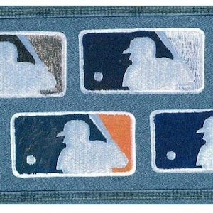 May include: Close-up of a denim fabric with multiple embroidered MLB logos. The logos feature a batter silhouette in white, set against various colored backgrounds, including black, navy, yellow, and orange. The logos are rectangular with rounded corners.