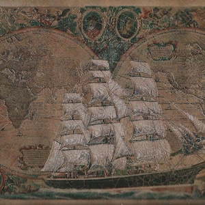 May include: An antique-style map featuring a detailed illustration of a tall sailing ship. The ship is set against a backdrop of a vintage world map, with intricate details and a sepia-toned color palette. The map includes decorative borders.