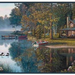 May include: A serene landscape painting depicts a lake with a wooden dock and two red boats. A cozy cabin with a stone chimney sits on the shore, surrounded by trees. Two loons swim in the water, and the scene is reflected in the lake.