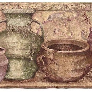 May include: A decorative border featuring a collection of antique pottery. The image showcases various earthenware vessels in shades of green, brown, and purple, with visible cracks and aged textures. The background has a faded, textured appearance.
