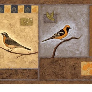 May include: Decorative wall art featuring two birds perched on branches. The artwork has a warm color palette with brown, gold, and gray tones. The birds are a mix of orange, black, and gray. The design includes leaf and square patterns.