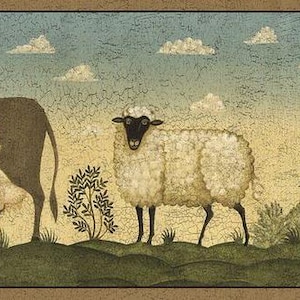 May include: A rustic wallpaper border featuring farm animals. A sheep with a black face and legs stands in the center, with a cow on the left and a horse on the right. The background has a sky with clouds and a textured, aged appearance.