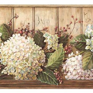 May include: A decorative floral border featuring watercolor-style hydrangeas in shades of white, blue, and green, with red berries and green leaves. The flowers are set against a weathered wooden background.