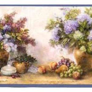 May include: A still life painting featuring bouquets of purple and white flowers in ceramic vases, with peaches, grapes, and cherries. The artwork has a soft, painterly style with a warm color palette.