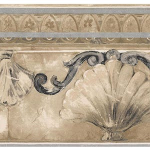 May include: Decorative wallpaper border featuring a repeating pattern of stylized seashells and scrollwork in shades of beige, gray, and taupe. The design includes a gray band with floral accents.