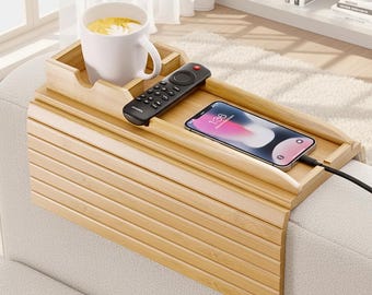 Bamboo Couch Armrest Table, Foldable Sofa Tray with Cup Holder