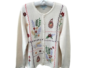 HABAND! | Vintage 90er Jahre Bestickter Cardigan Strickjacke | Größe L