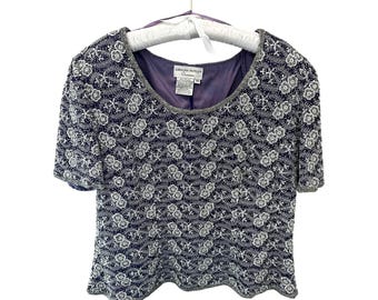 ADRIANNA PAPELL / Top de seda morado con cuentas, estilo vintage de los años 90, para ocasiones especiales / Talla 14