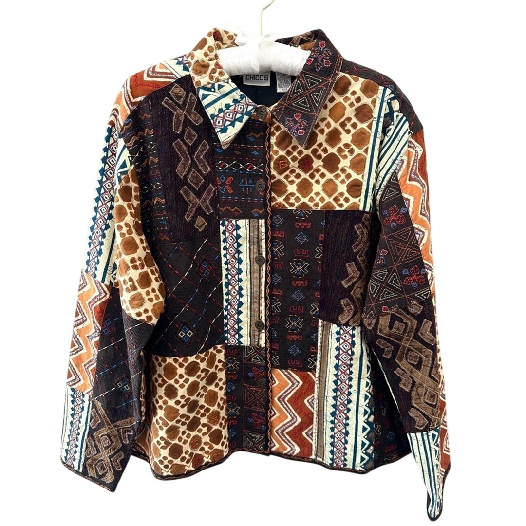 CHICO'S Vintage Patchwork Tribal Print Jacket Multicolor Button
