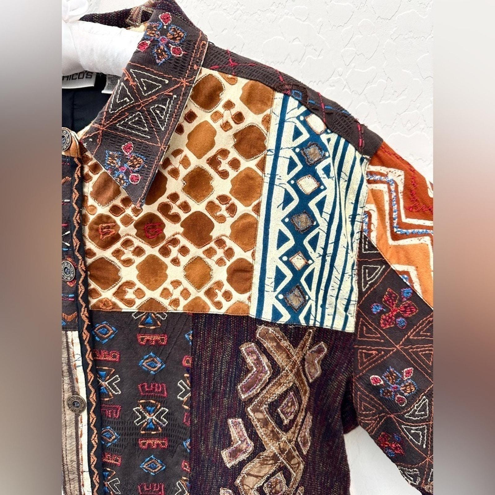 CHICO'S Vintage Patchwork Tribal Print Jacket Multicolor Button