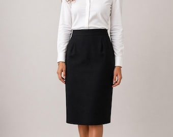 EVAN PICONE Black Wool Pencil Midi Skirt Classic Career Workwear Minimalist