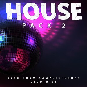 May include: A digital graphic featuring the text "HOUSE PACK 2" in white, with a glitch effect. A disco ball is in the foreground, set against a dark background. The text "9740 DRUM SAMPLES - LOOPS STUDIO 66" is at the bottom.