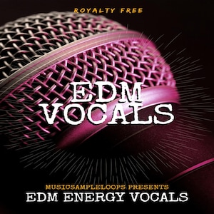 Könnte beinhalten: Nahaufnahme eines Mikrofons mit einem metallischen Netzgitterkopf und einem dunkelrosa Körper. Die Worte "EDM VOCALS" sind in weißer, fetter Schrift. Der Text "ROYALTY FREE" steht oben und "EDM ENERGY VOCALS" unten.