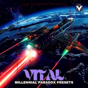May include: A detailed illustration of a spaceship in flight, with green and red laser beams emanating from it. The image includes the text "VITAL MILLENNIAL PARADOX PRESETS" in purple, set against a backdrop of Earth and a starry sky.