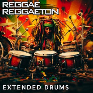 Może przedstawiać: Okładka albumu z muzykiem z dredami grającym na perkusji. Słowa "REGGAE REGGAETON" znajdują się na górze, a "EXTENDED DRUMS" na dole. Obraz ma żywą kolorystykę z odcieniami czerwieni, żółci i zieleni.