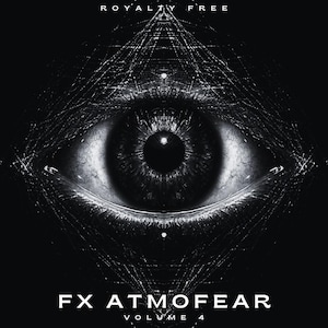 May include: A grayscale graphic featuring a detailed eye at the center, surrounded by geometric lines. The text "ROYALTY FREE" is at the top, and "FX ATMOFEAR VOLUME 4" is at the bottom. The image has a dark, mysterious theme.