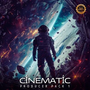 Op de afbeelding: Een digitale kunstafbeelding van een astronaut in een zwart ruimtepak, staand in een futuristisch ruimtestation, kijkend naar een levendige kosmische scène. De afbeelding bevat de witte tekst "CINEMATIC PRODUCER PACK 1". Een gouden "PREMIUM QUALITY" zegel staat rechtsboven.