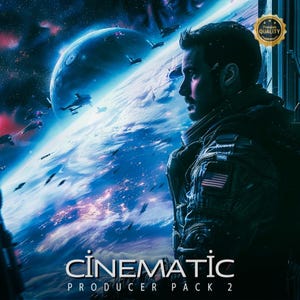 Può includere: Opera d'arte digitale raffigurante un uomo in tuta spaziale futuristica che guarda un pianeta e navicelle spaziali. L'immagine ha un'atmosfera cinematografica con le parole "CINEMATIC PRODUCER PACK 2" in basso. Un sigillo "Premium Quality" è in alto a destra.