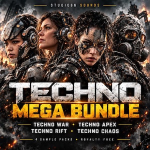 May include: A digital graphic featuring the text STUDIO66 SOUNDS, TECHNO MEGA BUNDLE, TECHNO WAR, TECHNO APEX, TECHNO RIFT, TECHNO CHAOS, and 4 SAMPLE PACKS ROYALTY FREE. Four individuals in dark, weathered tactical gear and headsets are shown.