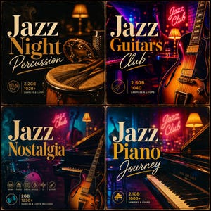 Op de afbeelding: Vier digitale muziekproductiepakketten getiteld Jazz Night Percussion, Jazz Guitars Club, Jazz Nostalgia en Jazz Piano Journey. Elk vierkant paneel toont muziekinstrumenten zoals drums, gitaren en piano's met neon Jazz Club-verlichting.