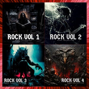 Könnte beinhalten: Ein viergeteiltes Bild mit einem dunkelroten Rahmen zeigt die Texte "ROCK VOL 1", "ROCK VOL 2", "ROCK VOL 3" und "ROCK VOL 4". Jedes Feld enthält eine dunkle, gotische Illustration. Die Worte "DARK COLLECTION" erscheinen unter "ROCK VOL".