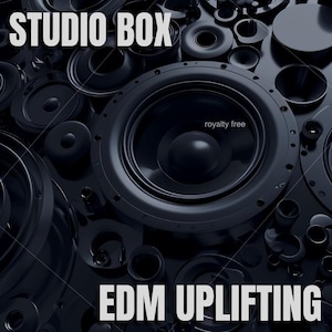 May include: A dark, abstract image featuring multiple black speaker components. The words "STUDIO BOX" and "EDM UPLIFTING" are displayed in white text. The phrase "royalty free" is also visible.