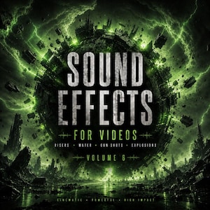 Puede incluir: Un gráfico digital con el texto SOUND EFFECTS FOR VIDEOS VOLUME 6 y subtítulos que enumeran RISERS, WATER, GUN SHOTS, EXPLOSIONS, CINEMATIC, POWERFUL, HIGH IMPACT. El fondo muestra una esfera cósmica de color verde oscuro girando.