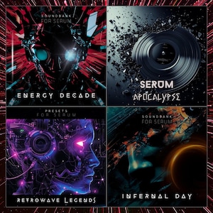 Könnte beinhalten: Vier digitale Kunstwerke mit einem dunklen, futuristischen Thema. Jedes zeigt den Text "SOUNDBANK FOR SERUM" und Titel wie "ENERGY DECADE", "APOCALYPSE", "RETROWAVE LEGENDS" und "INFERNAL DAY". Die Kunstwerke verwenden lebendige Farben und abstrakte Designs.