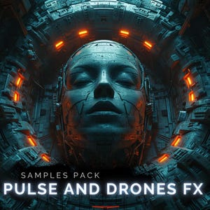 Op de afbeelding: Een digitaal kunstbeeld met een metalen gezicht met gesloten ogen, geplaatst in een futuristische, mechanische omgeving. De afbeelding heeft een koel kleurenpalet met oranje accenten en de tekst "SAMPLES PACK PULSE AND DRONES FX" onderaan.