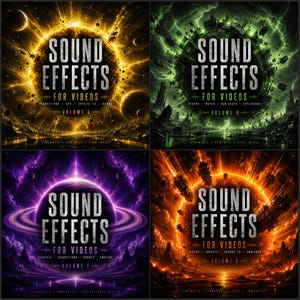 Könnte beinhalten: Eine vierteilige digitale Grafik mit Weltraum-Motiven. Jedes Feld zeigt den Text SOUND EFFECTS FOR VIDEOS in Weiß, mit den jeweiligen Volumen-Nummern 5, 6, 7 und 8, vor lebendigen gelben, grünen, violetten und orangefarbenen kosmischen Hintergründen.