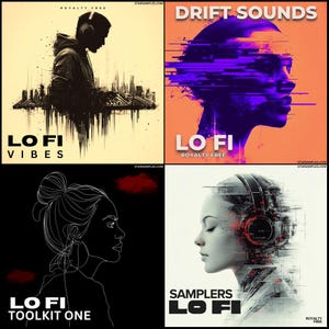May include: Four digital art album covers with the text "LO FI" and other text. The covers feature images of people wearing headphones, cityscapes, and abstract designs. The colour palette includes black, white, purple, and orange.