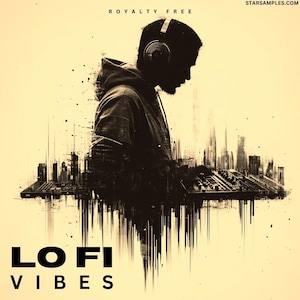 May include: Silhouette of a person wearing headphones, with a cityscape and sound mixing equipment. The image has a vintage aesthetic with the words "LO FI VIBES" at the bottom. The words "ROYALTY FREE" are at the top.