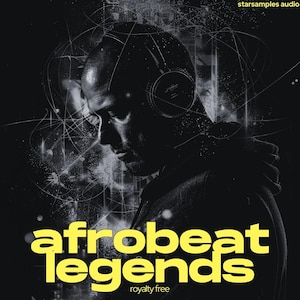 May include: A black and white image of a man wearing headphones, with the text "afrobeat legends" in yellow. The words "royalty free" are below the text. The background has a network of white lines.