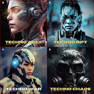 Peut inclure: Quatre portraits d'art numérique sur le thème futuriste. Chaque image présente une personne avec des améliorations cybernétiques. Le texte "TECHNO APEX", "TECHNO RIFT", "TECHNO WAR" et "TECHNO CHAOS" est affiché en dessous, avec le texte "ROYALTY FREE".