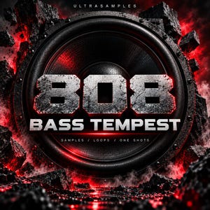 May include: A large black speaker cone surrounded by dark, jagged rock fragments and red glowing light. The text 808 BASS TEMPEST is displayed in a metallic, weathered font, with ULTRASAMPLES and SAMPLES / LOOPS / ONE SHOTS text visible.