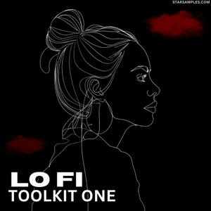 Könnte beinhalten: Eine minimalistische Strichzeichnung eines Frauenprofils in Weiß auf schwarzem Hintergrund. Das Bild enthält den Text "LO FI TOOLKIT ONE" in Weiß und zwei rote wolkenartige Formen.