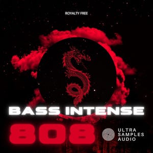 Könnte beinhalten: Digitalgrafik mit schwarzem Hintergrund und roten Akzenten. Ein rotes Drachendesign ist auf einem schwarzen Kreis zentriert. Die Wörter "BASS INTENSE" und "808" sind in Weiß bzw. Rot gehalten. Der Text "ROYALTY FREE" befindet sich oben.