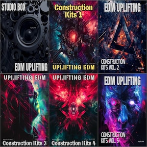 Könnte beinhalten: Sechs digitale Musikalbumcover mit dem Text "EDM UPLIFTING" und "Construction Kits" mit Bandnummern. Die Designs sind abstrakt und futuristisch, mit einer Farbpalette aus Schwarz, Rot, Blau und Weiß. Die Worte "Studio Box" sind ebenfalls sichtbar.