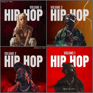 May include: Four album covers with the words "HIP HOP" in large white letters. Each cover features a different person and a volume number. The covers are in shades of red, black, and orange. The words "ROYALTY FREE" are at the top and bottom.