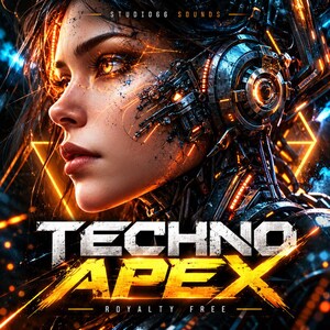 May include: A digital illustration featuring a cyborg with glowing orange eyes and intricate mechanical headgear. The text reads STUDIO66 SOUNDS, TECHNO APEX, and ROYALTY FREE. The composition uses high-contrast black, orange, and blue neon lighting.