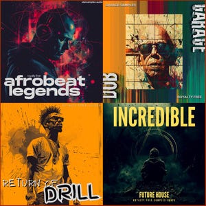 May include: Four album art designs with a music theme. The first features a man with headphones and the text "afrobeat legends". The second shows a man in sunglasses with the text "garage samples". The third has a man with the text "return of drill". The fourth has a person with the text "future house".