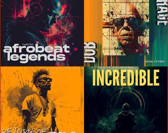 May include: Four album art designs with a music theme. The first features a man with headphones and the text "afrobeat legends". The second shows a man in sunglasses with the text "garage samples". The third has a man with the text "return of drill". The fourth has a person with the text "future house".