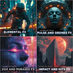 Op de afbeelding: Vier digitale kunstwerken met futuristische thema's. Linksboven een figuur in een ruimtepak met de tekst "ELEMENTAL FX". Rechtsboven een robotgezicht met de tekst "PULSE AND DRONES FX". Linksonder een gezicht met de tekst "VOX AND PHRASES FX". Rechtsonder een gebouw met de tekst "IMPACT AND HITS FX".