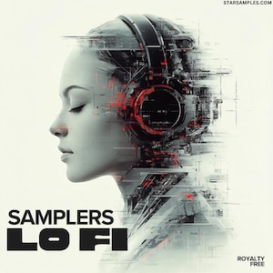 Op de afbeelding: Digitale kunst van een vrouw in profiel met een koptelefoon, weergegeven in een glitch-art stijl met rode en grijze tinten. De tekst "SAMPLERS LO FI" staat onderaan, met "ROYALTY FREE" in de rechter benedenhoek van de afbeelding.