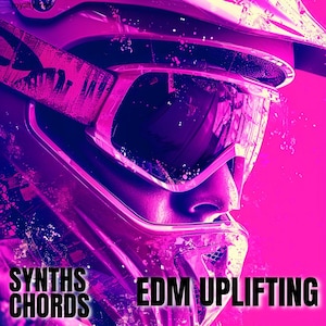 May include: A close-up of a person wearing a pink and purple motocross helmet and goggles. The image has a neon, digital art style with the words "SYNTHS CHORDS" and "EDM UPLIFTING" in white text.