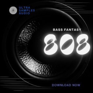 Può includere: Grafica scura con un altoparlante e il testo "BASS FANTASY 808". Sono visibili anche le parole "ULTRA SAMPLES AUDIO" e "DOWNLOAD NOW". L'immagine ha un'estetica scura e futuristica.