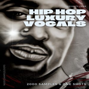 May include: A grayscale image featuring a stylized portrait of a person with the text "HIP HOP LUXURY VOCALS" in large white letters. The image also includes the text "ROYALTY FREE", "MUSIC SAMPLE LOOPS", and "2000 SAMPLES & ONE SHOTS".