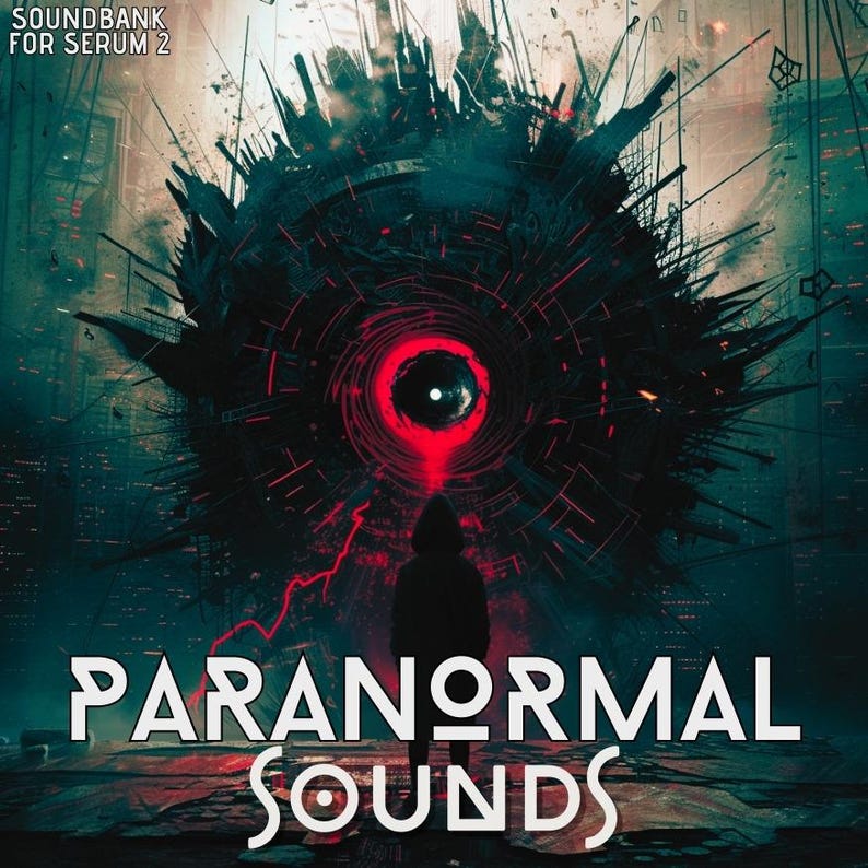 Puede incluir: Ilustraci&oacute;n digital de una esfera oscura y compleja con un centro rojo brillante. Una silueta se encuentra delante. Se muestra el texto "SOUNDBANK FOR SERUM 2" y "PARANORMAL SOUNDS".