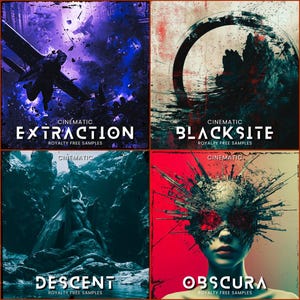 Puede incluir: Cuatro piezas de arte digital con temas cinematográficos oscuros. La imagen superior izquierda se titula "Extraction" con una combinación de colores púrpura y azul. La imagen superior derecha se titula "Blacksite" con una combinación de colores rojo y negro. La imagen inferior izquierda se titula "Descent" con una combinación de colores turquesa. La imagen inferior derecha se titula "Obscura" con una combinación de colores rojo y negro.